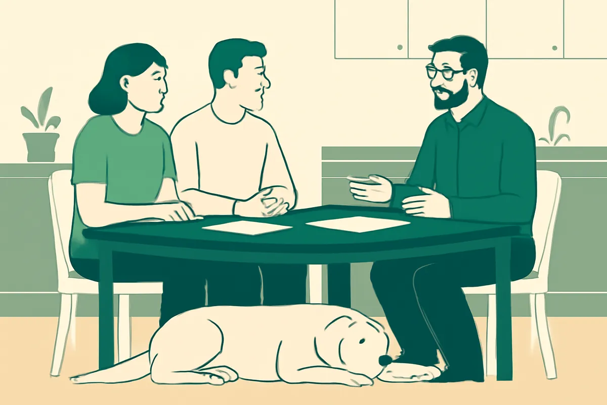 A breeder talking with a young couple at a kitchen table, a calm adult dog lying at their feet