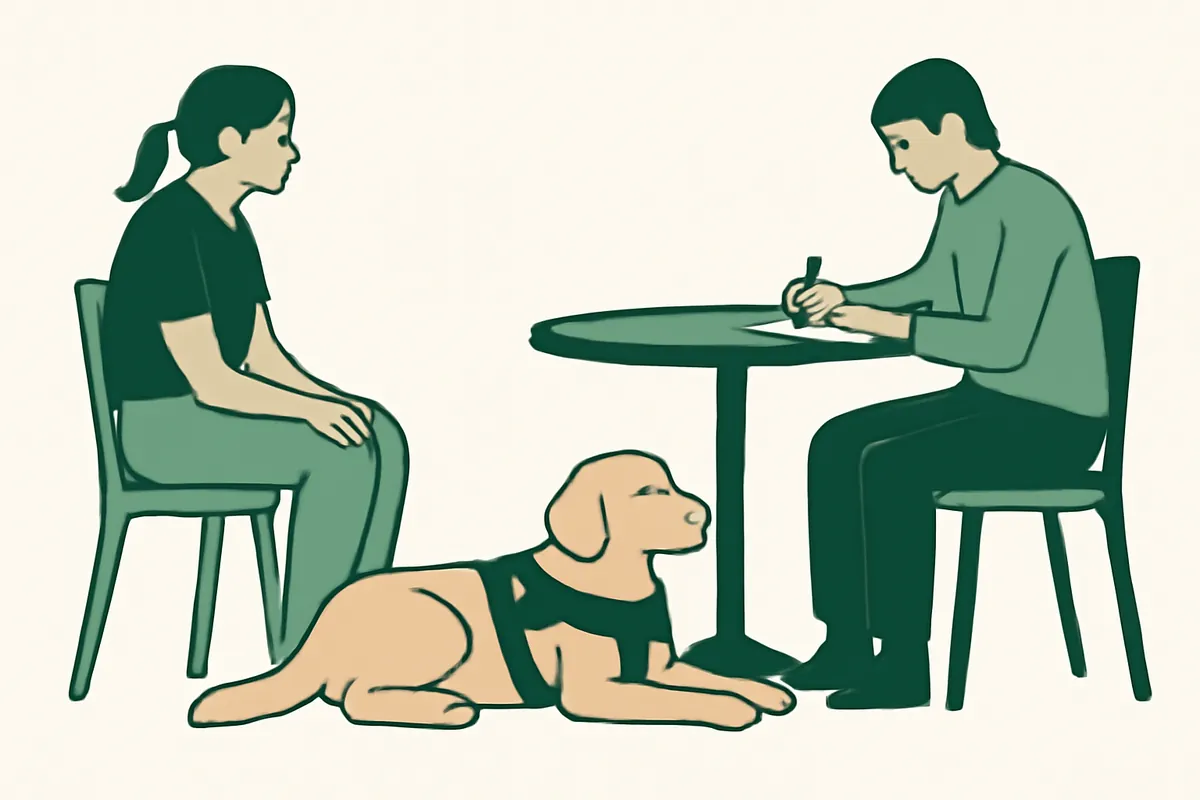 A young retriever in a working harness lying calmly beside a cafe table while a trainer watches and another person writes notes