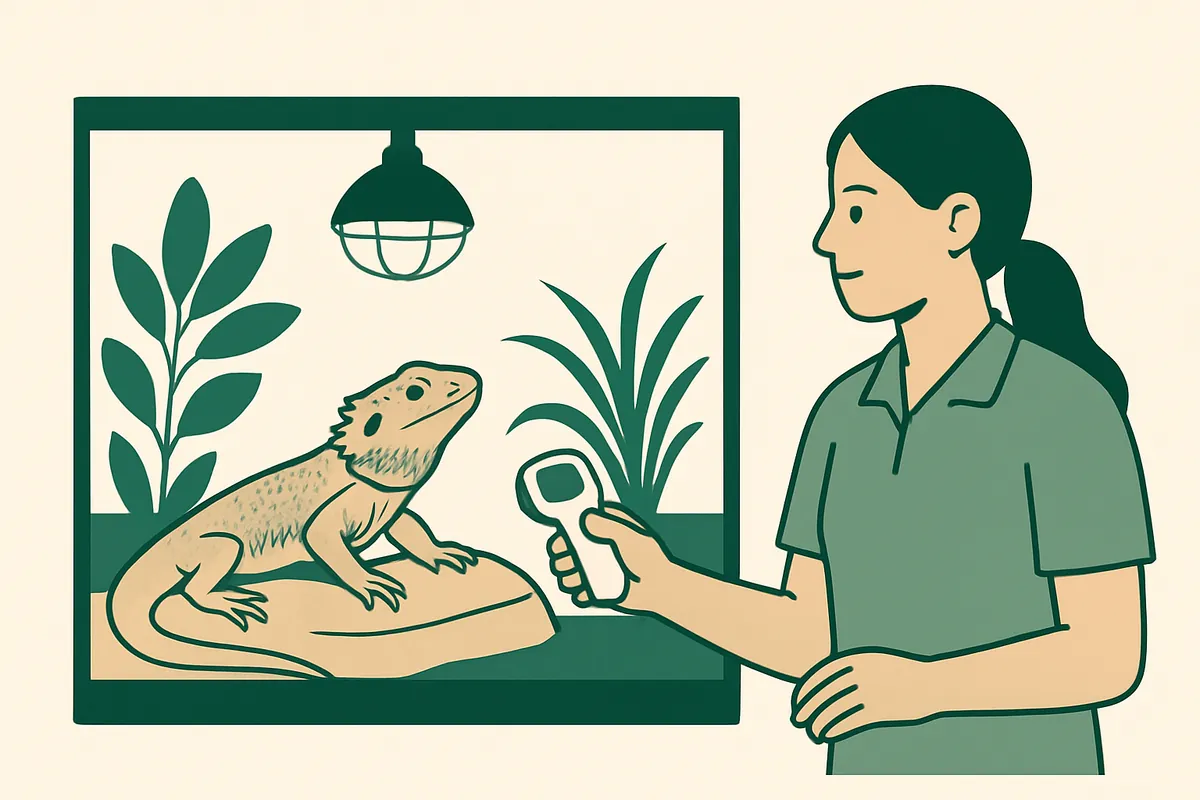 An exotic pet specialist holding a handheld thermometer beside a planted reptile enclosure while a bearded dragon basks under a guarded lamp