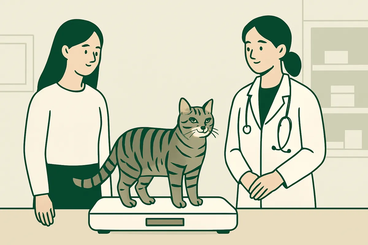 A tabby cat standing on a pet scale at a vet clinic while the owner and a vet look on