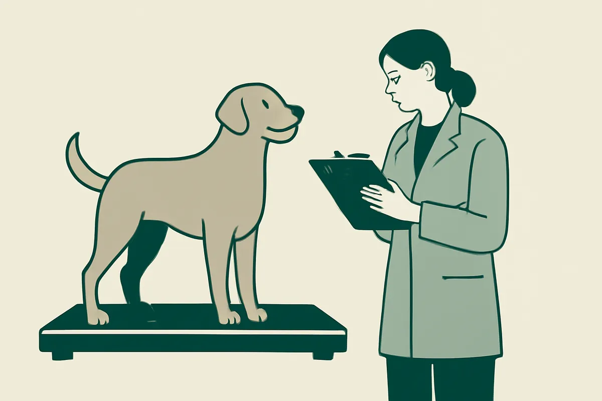 A dog standing on a scale while a consultant writes notes on a clipboard