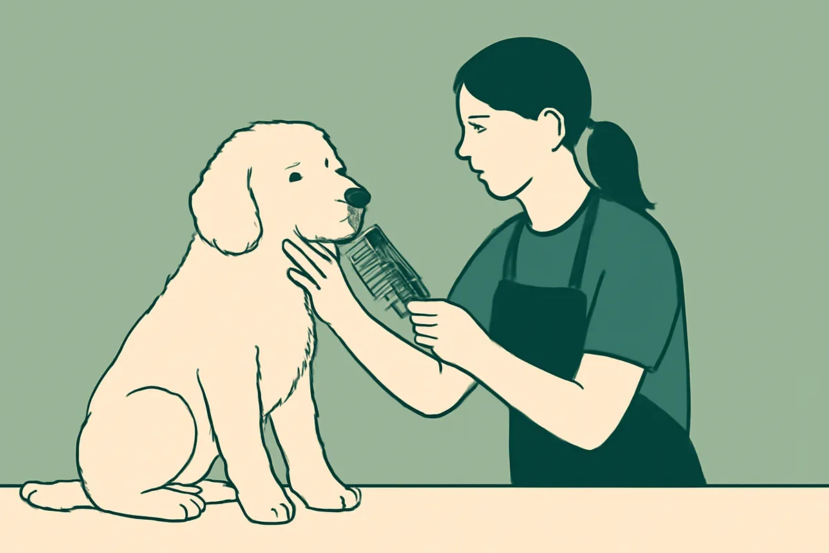 A groomer gently working through a tangle behind a calm doodle's ear with a comb