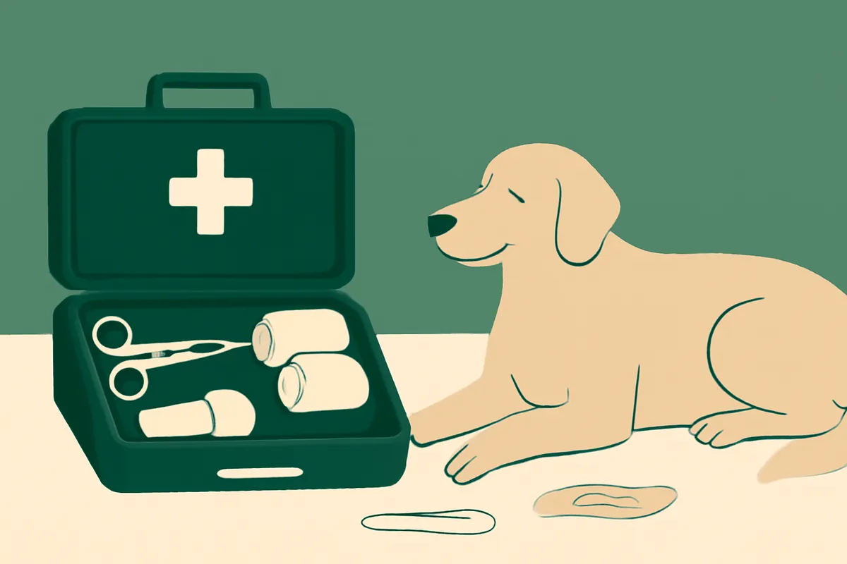 An open pet first aid kit on a table with bandages, gauze, scissors and a thermometer, a calm dog lying nearby