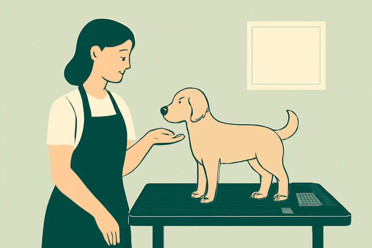 A groomer offering a treat from her open hand to a young dog standing on a grooming table in a quiet, uncluttered salon
