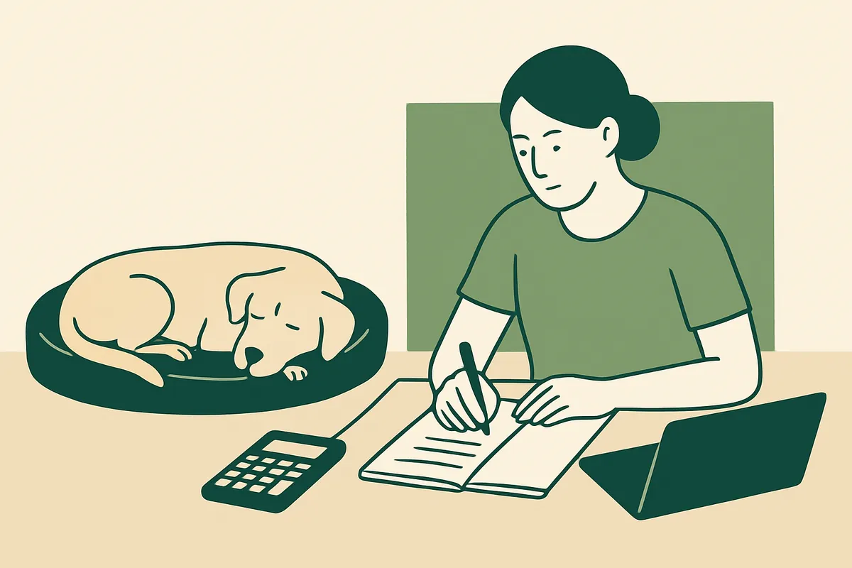 A dog trainer at a desk working through figures in a notebook and on a calculator, a dog asleep on a bed nearby