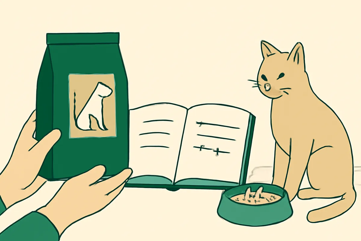 Hands holding a pet food bag next to a notebook of calculations, with a cat bowl on the table