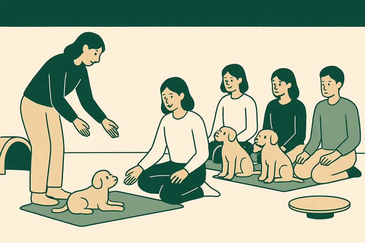A trainer showing an owner how to reward her puppy on a mat while other owners and puppies watch from their own stations