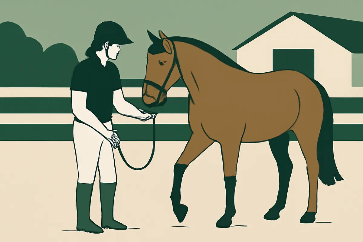 A horse professional in a riding helmet standing calmly beside a bay horse in a yard, holding the lead rope loosely
