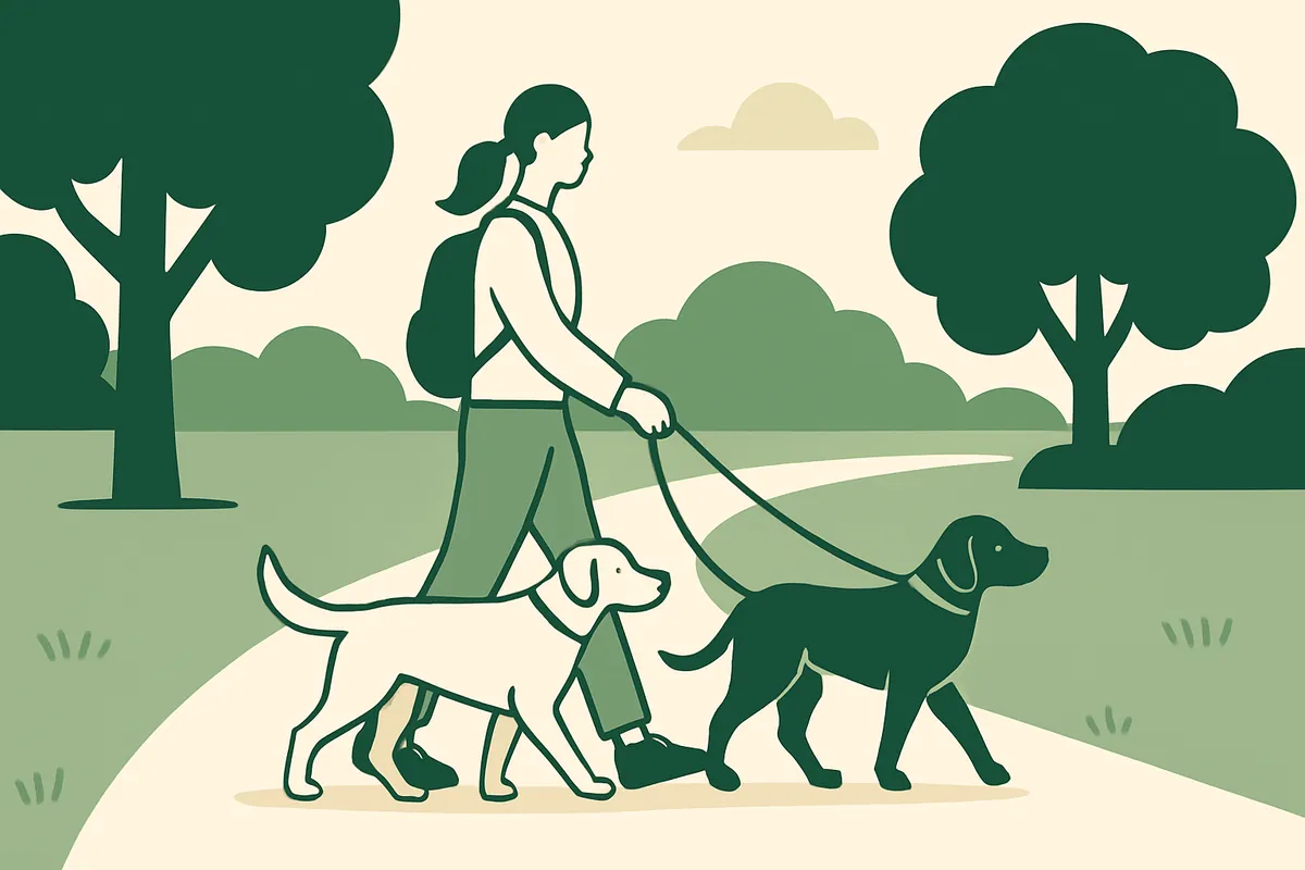 A dog walker with two calm dogs on short leads walking along a leafy park path, a small backpack on her shoulders