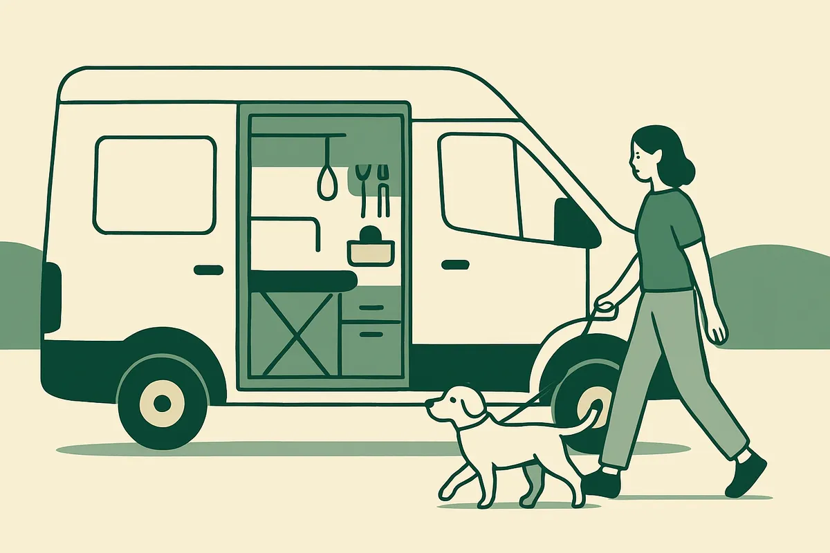 A mobile grooming van with its side door open to show a grooming table, a restraint loop and tools on hooks, a groomer walking a small dog on a leash beside it