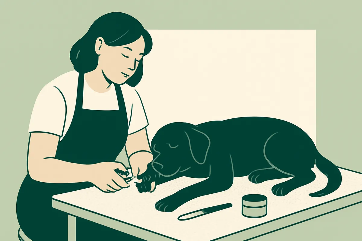 A groomer trimming the nails of a relaxed black dog lying on a grooming table, a nail file and a small jar of styptic powder beside them