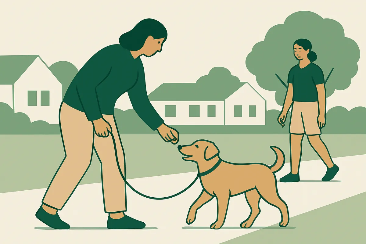 An owner bending to reward her dog on a loose leash on a quiet street, a trainer watching from a few steps away