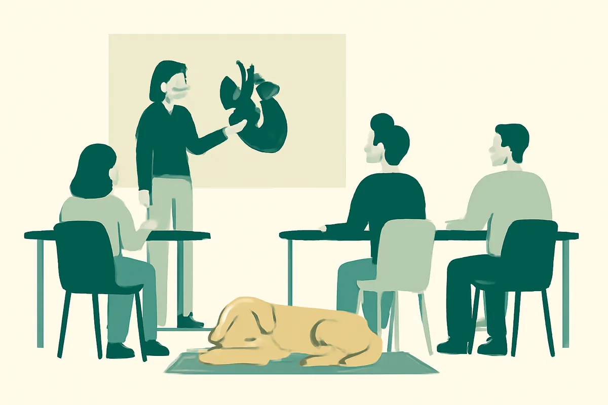 An instructor explaining a simple heart and lungs diagram to a class of pet professionals, a calm dog lying nearby