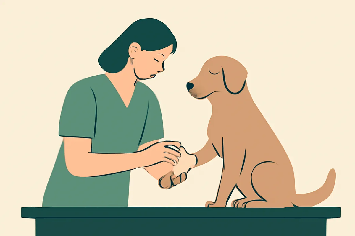 A professional applying a clean pad and gentle pressure to a dog's bandaged foreleg while preparing to transport to a vet