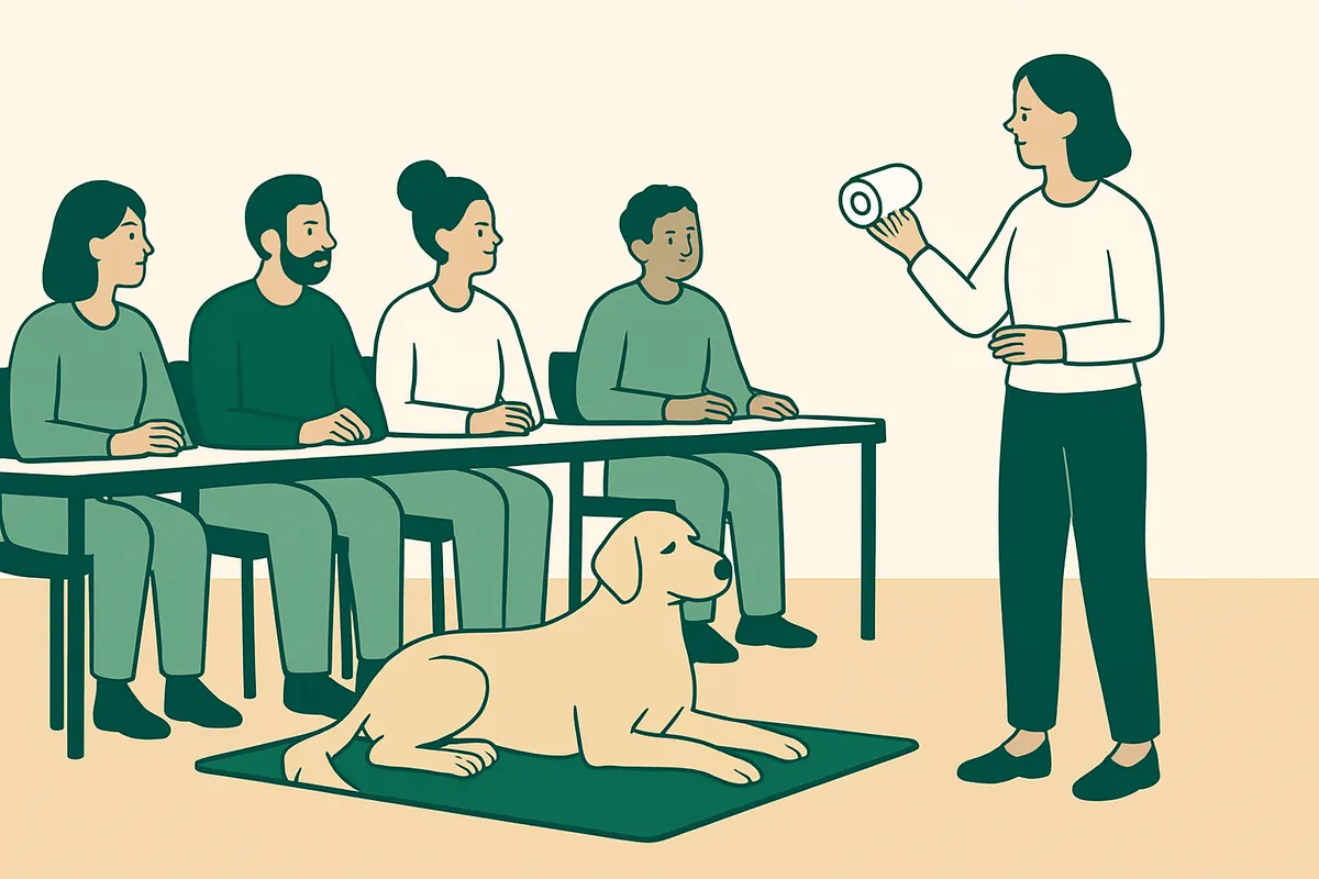 Pet professionals seated at a table listening to an instructor who holds up a bandage roll, a calm dog lying on a mat in front of them