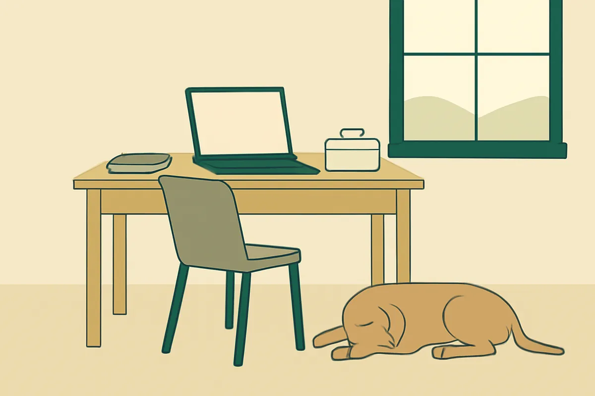 A study desk by a window with an open laptop, a notebook and a small case, a dog asleep on the floor beside it