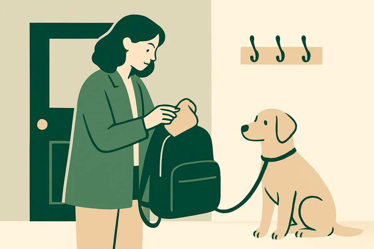 A dog walker by a front door packing a small first aid pouch into a backpack while a calm dog waits on a lead