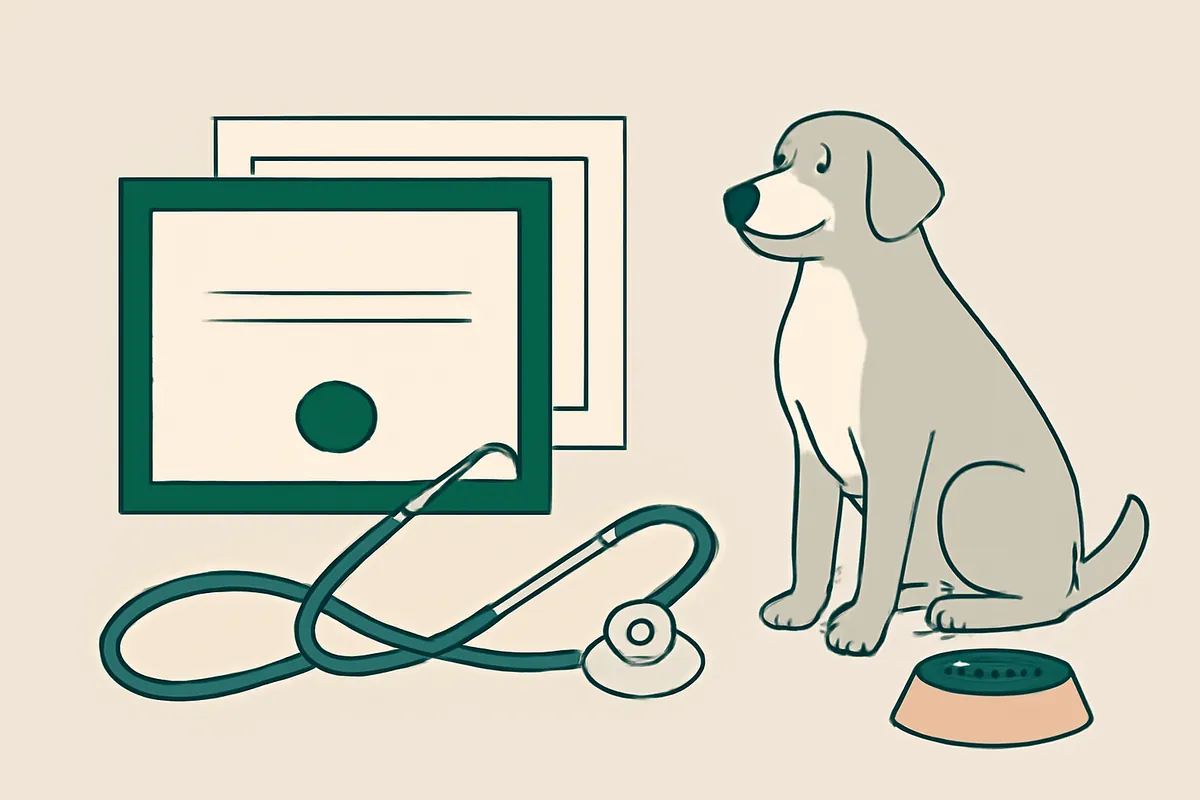 Several certificates and a stethoscope arranged on a desk beside a food bowl