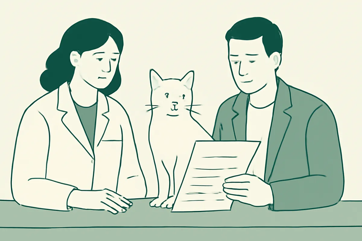 A veterinarian and a consultant reviewing a feeding plan together while a cat sits on the exam table