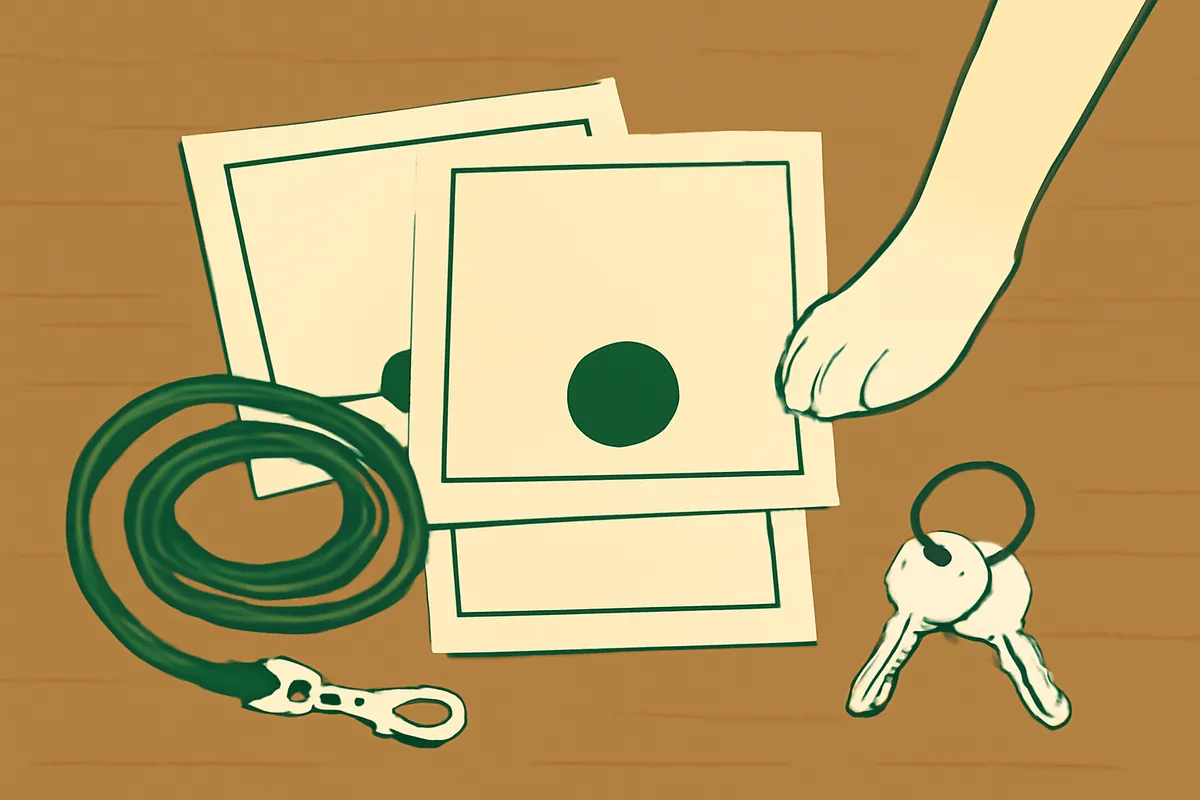 Plain certificates with round seals on a table beside a coiled dog lead and keys, a dog's paw resting on one certificate