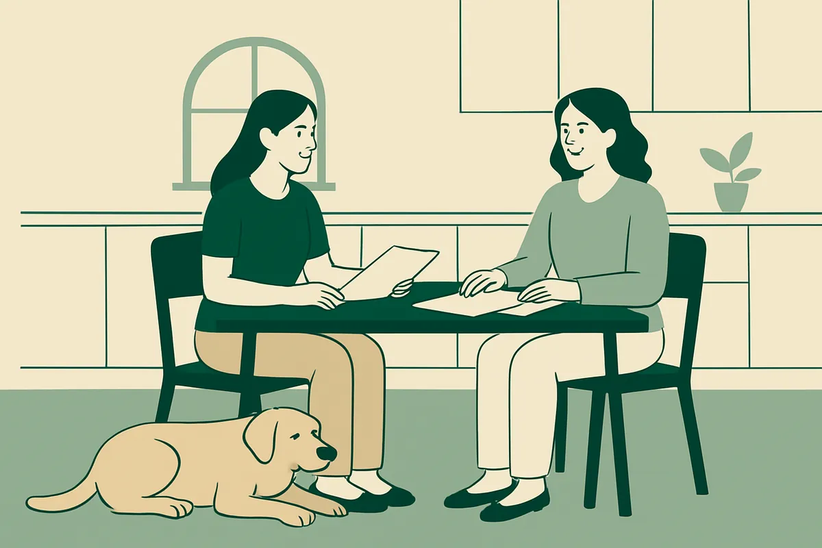 A pet sitter and a client talking over papers at a kitchen table, a relaxed dog lying on the floor beside the sitter