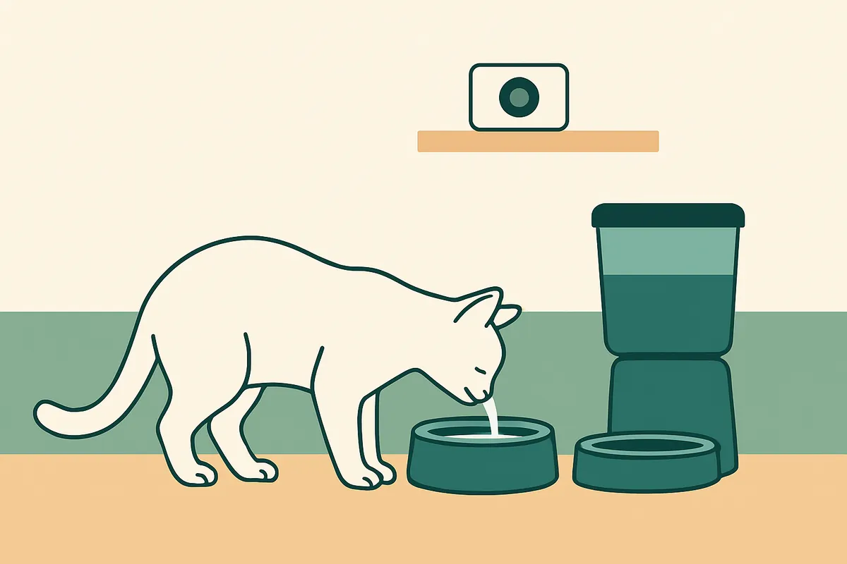 A cat drinking from a water fountain in a kitchen corner near an automatic feeder, with a small camera on a shelf above