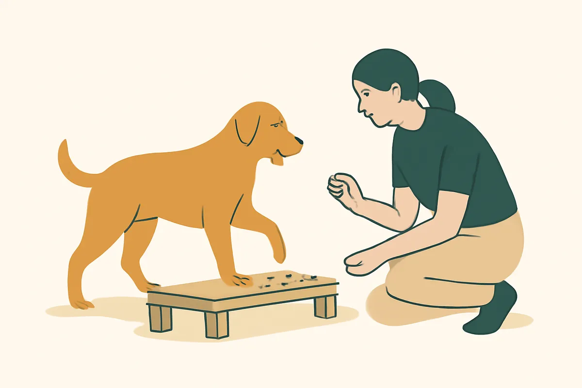 A trainer shaping a dog to step onto a low platform, rewarding each small step