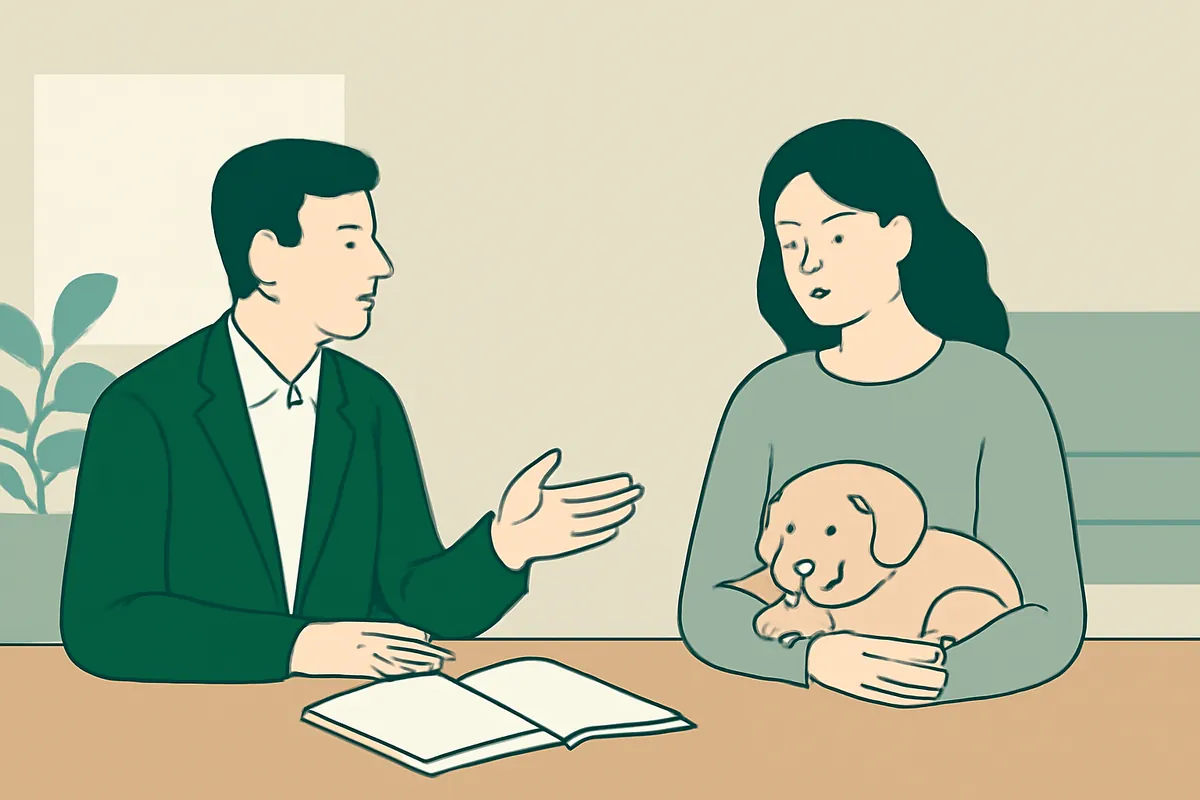 A consultant at a table talking with an owner who holds a puppy in her arms, a plain notebook open between them