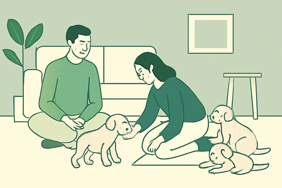 A visitor kneeling to let a curious puppy sniff their hand while the breeder sits nearby and other puppies play on a rug