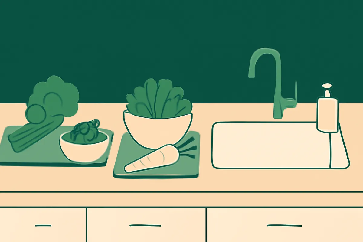 A clean kitchen counter with bowls of fresh ingredients being prepared for a dog