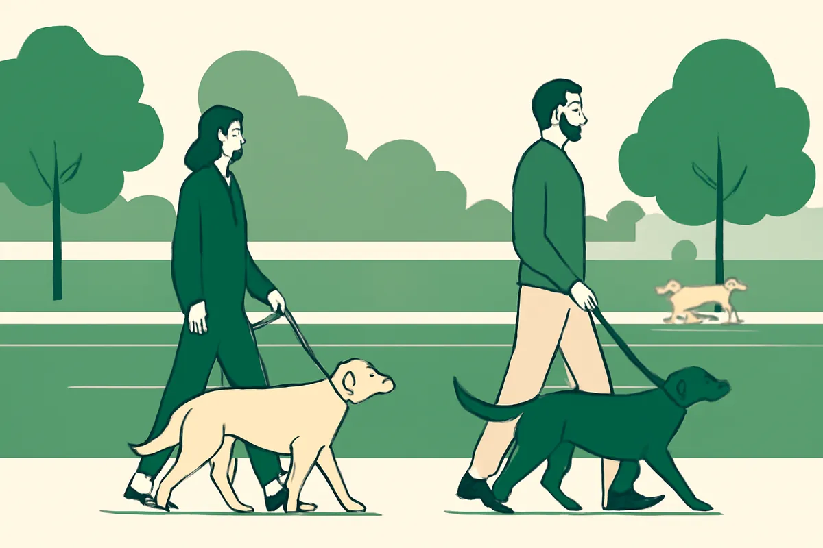 A professional and an owner walking two dogs on loose leads through a park, with another dog far away across the grass