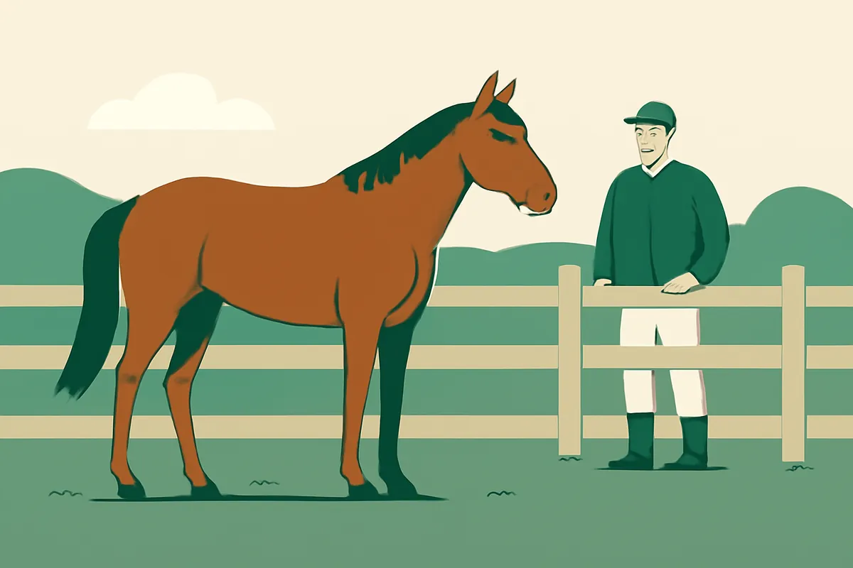 A calm chestnut horse standing relaxed in a paddock while a groom watches from the fence