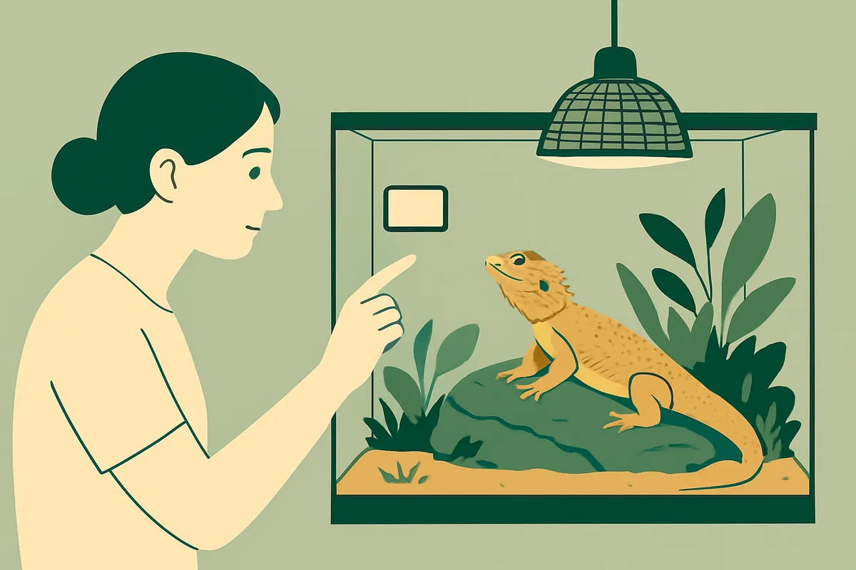 An exotic pet professional pointing to a thermometer display inside a planted reptile enclosure while a bearded dragon basks under a guarded lamp