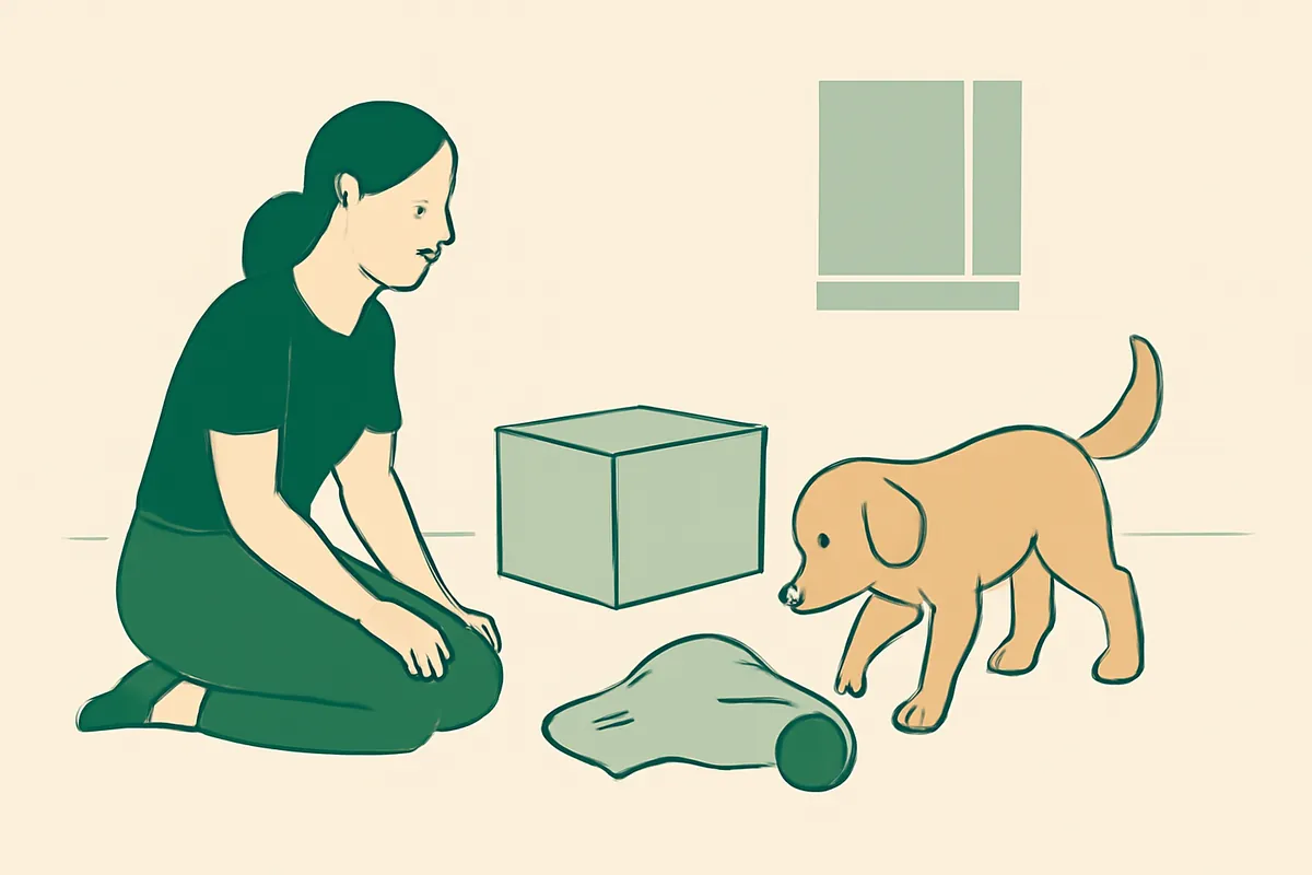 A trainer kneeling on the floor of a quiet room, calmly watching a retriever puppy explore a box, a blanket and a ball