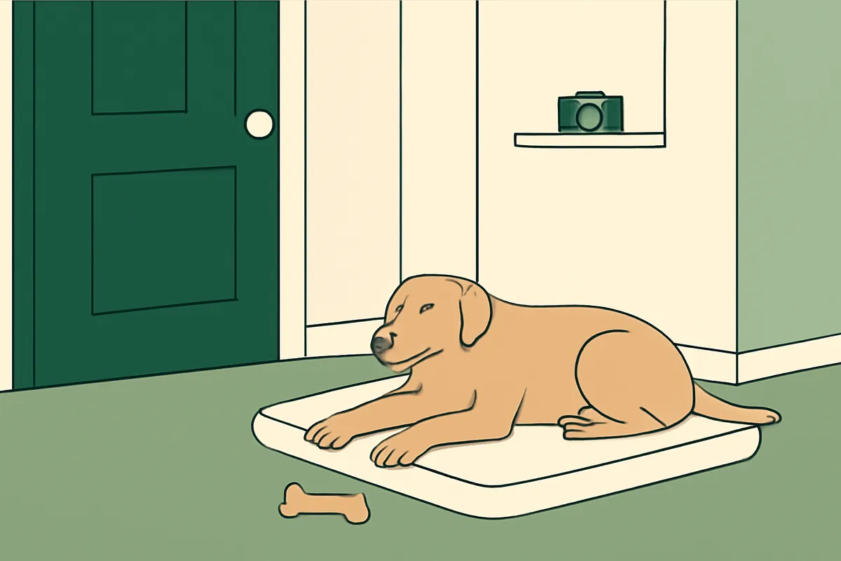 A dog lying calmly on a bed near the front door of a tidy hallway, a chew toy beside it, with a small camera on a shelf