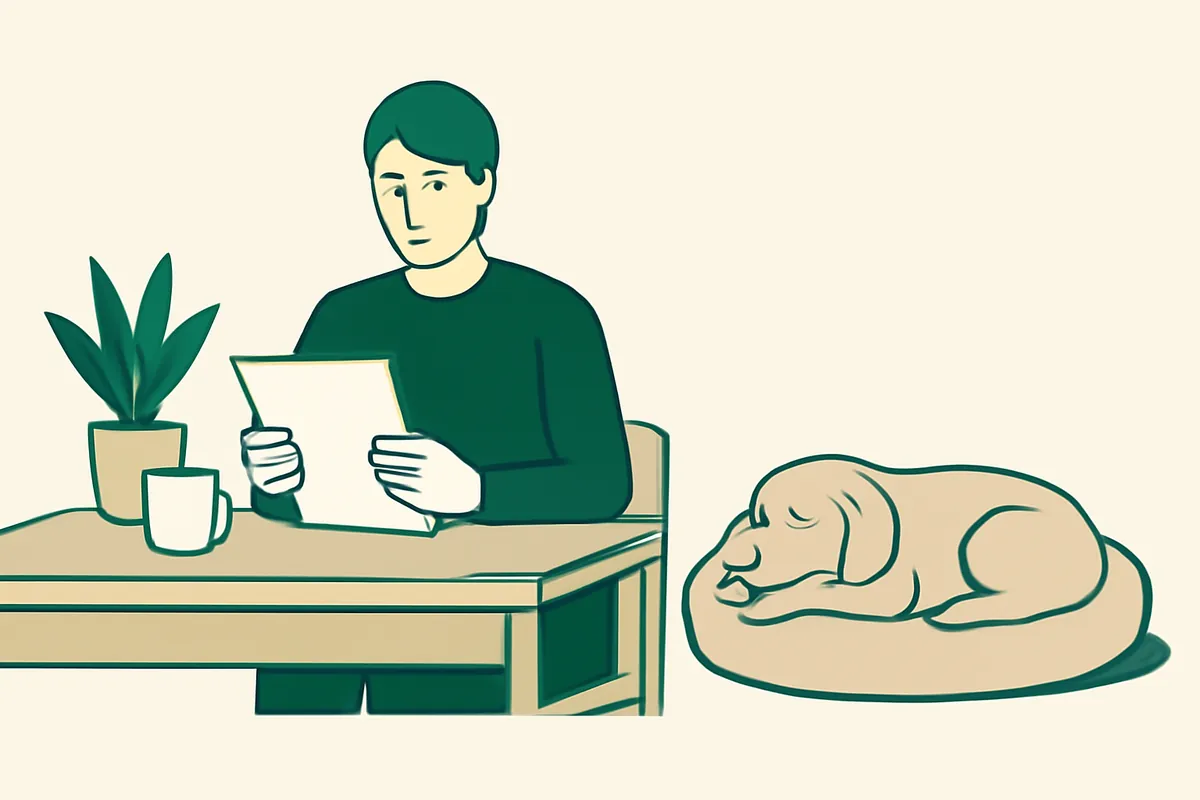 A trainer sitting at a desk reading through plain papers, a calm dog resting on a bed nearby