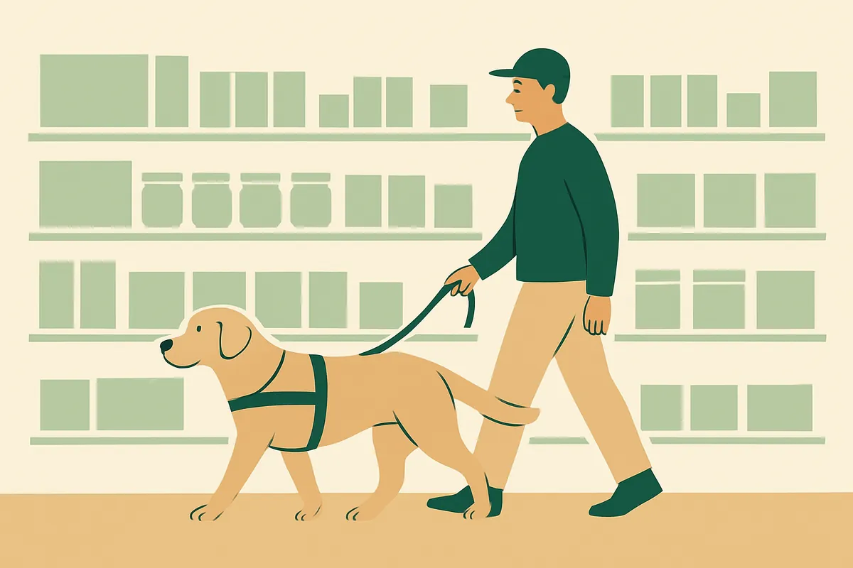 A trainer and a calm Labrador in a plain working harness walking on a loose lead through a quiet store aisle past shelves of plain boxes