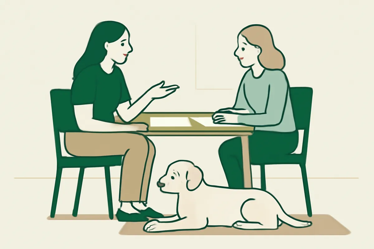 A trainer explaining something to a client at a small table, a calm dog lying beside them on a mat