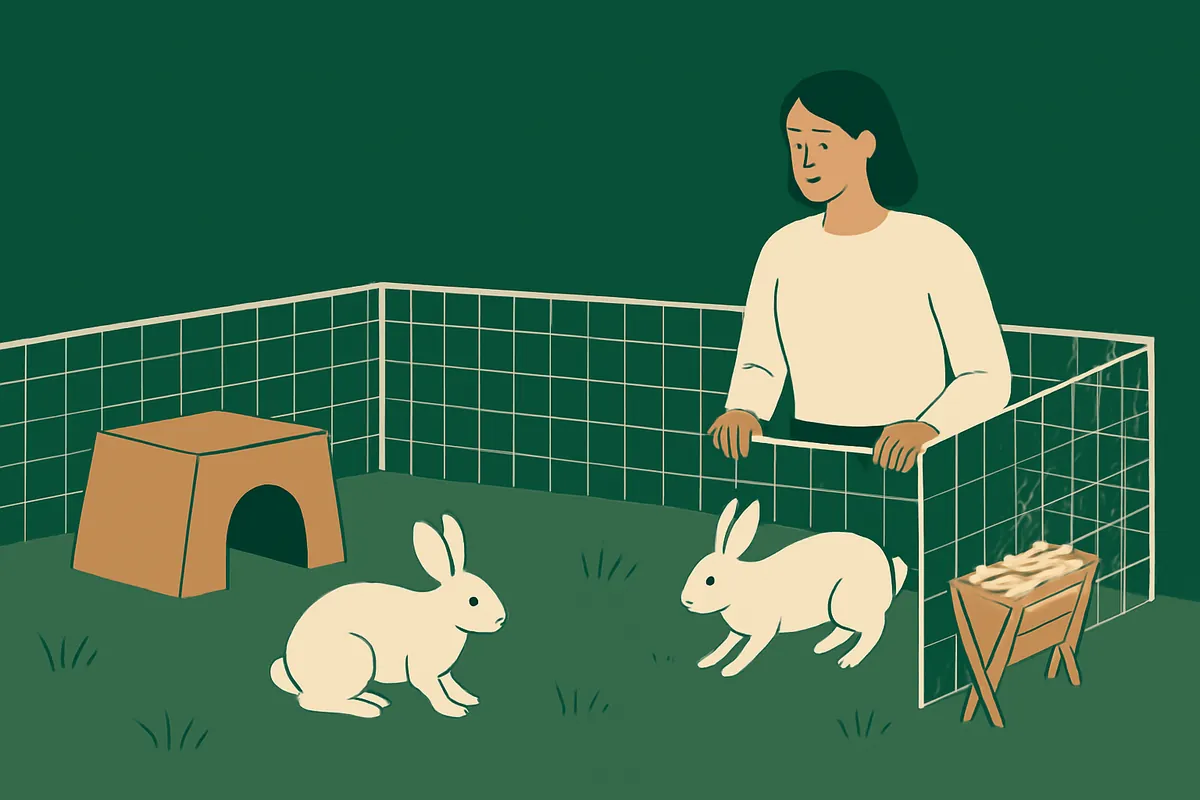 A pair of rabbits exploring a spacious run with a hideaway and a hay rack while a pet professional watches