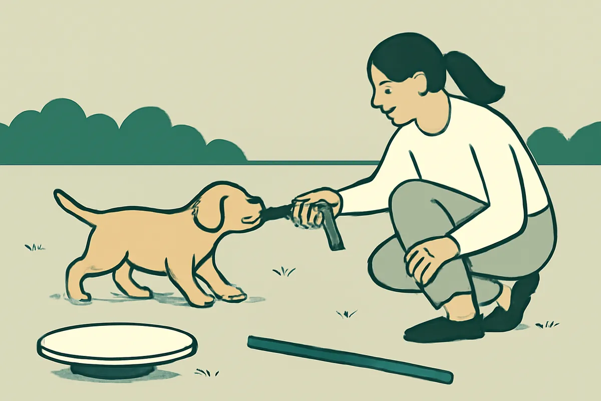 A handler playing tug with a young puppy on soft grass, a low wobble board and a single pole on the ground nearby