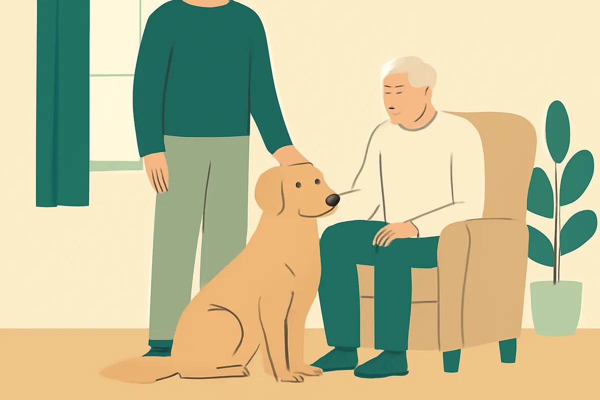 A calm golden retriever sitting beside its handler, next to an older person in an armchair in a bright lounge