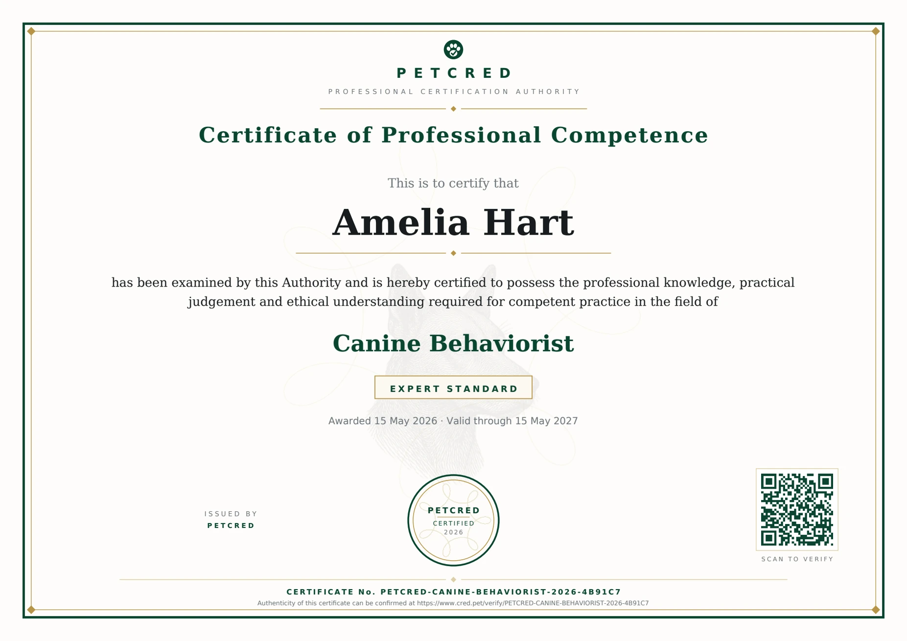 Sample PetCred certificate of professional competence, Canine Behaviorist, Expert standard, serial PETCRED-CANINE-BEHAVIORIST-2026-4B91C7
