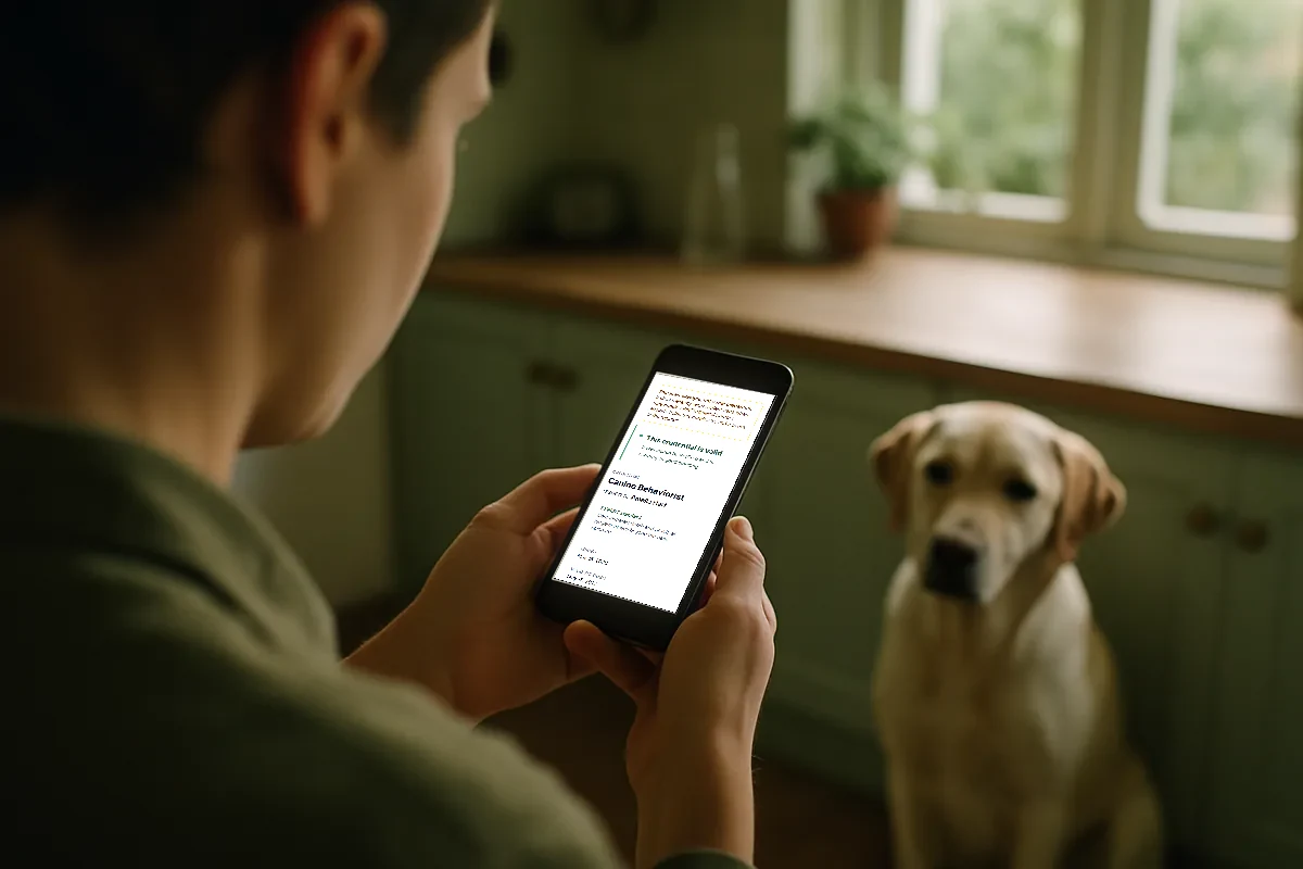 A pet owner checking a professional's credentials on their phone at home