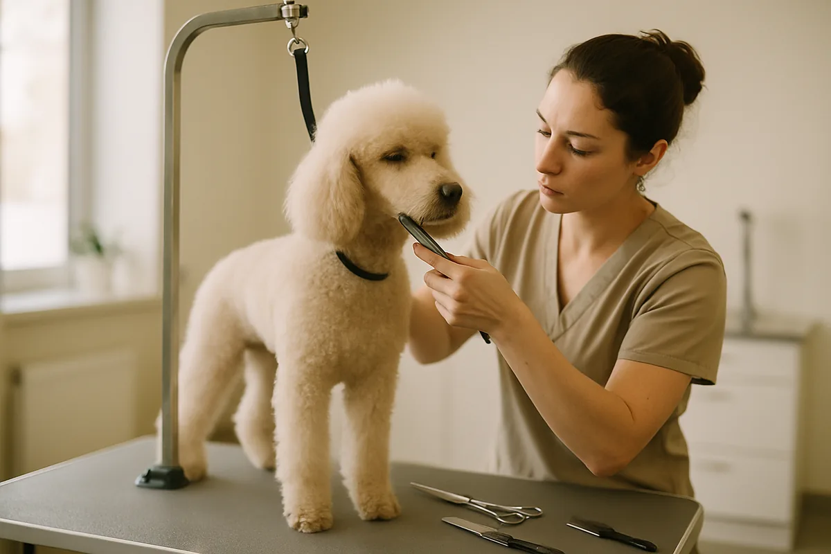 A professional dog groomer at work