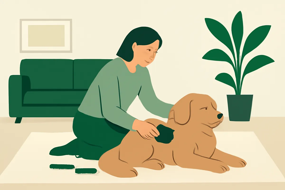 An owner kneeling on a living room rug, brushing a fluffy golden dog lying on the floor beside her, with two more brushes on the rug