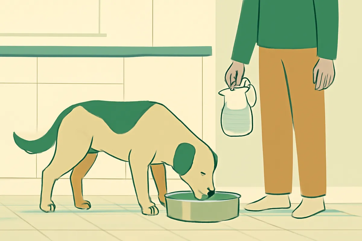 A dog drinking from a large water bowl on a tiled kitchen floor while a person stands beside it holding a water jug