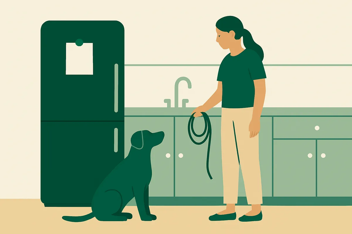 A plain white card held by a magnet on a refrigerator door, with a pet sitter holding a leash and a dog sitting on the kitchen floor looking up at her