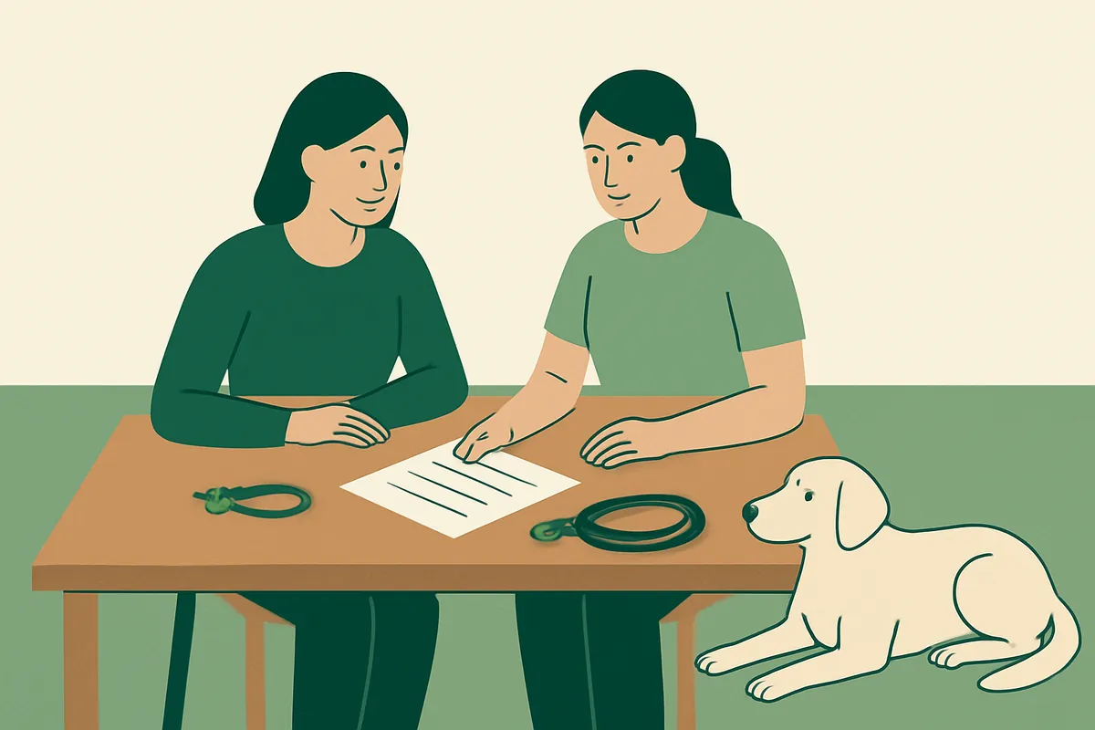 A pet sitter and a client sitting at a table looking over a paper form, with leads on the table and a relaxed dog lying on the floor beside them